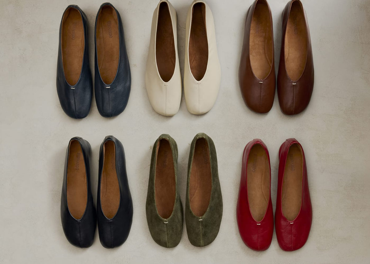 Meredith Ballet Flat in six colors, including cream, brown, olive suede and red