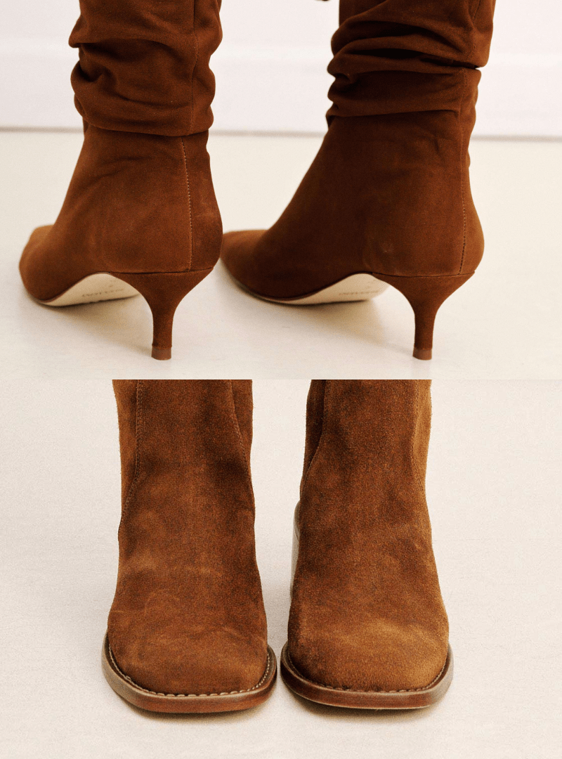 Brown suede high-heeled boots on a white background