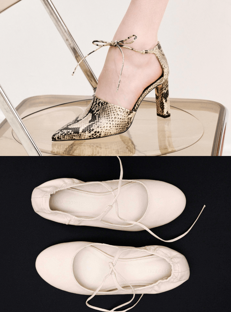 Pair of high-heeled shoes with a decorative bow on a clear platform, next to a pair of white ballet shoes on a black background.