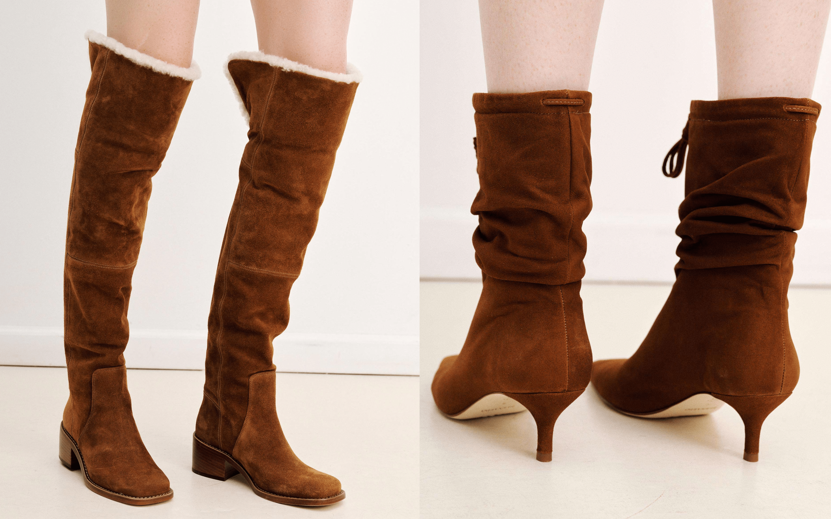Brown knee-high and ankle boots on a white background