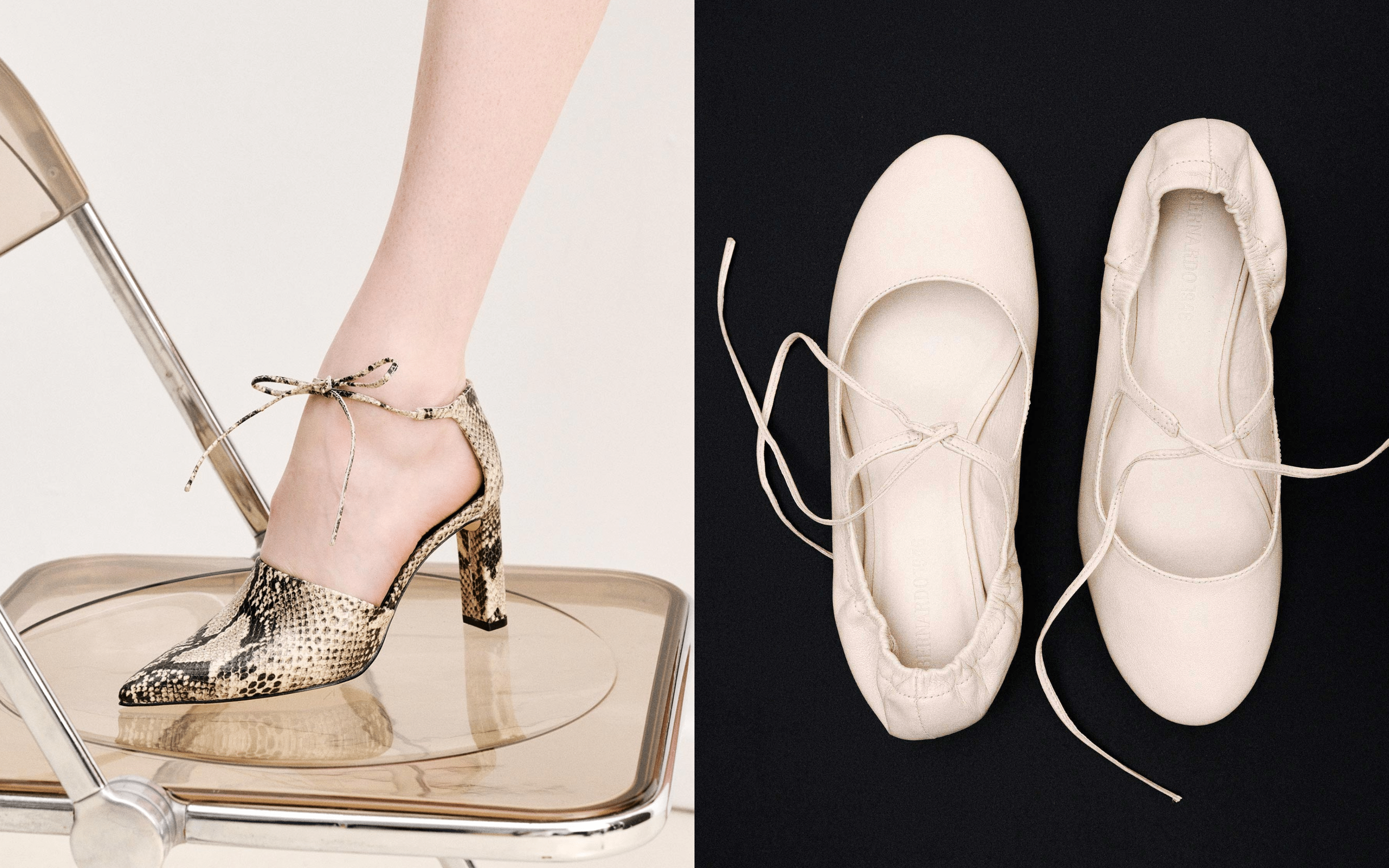 Pair of high-heeled shoes with a decorative bow on a clear platform, next to a pair of white ballet shoes on a black background.