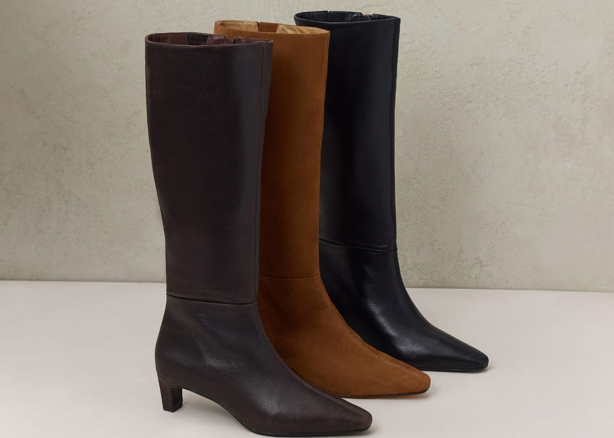 Bernardo knee-high boots with kitten heels in dark brown leather, cognac suede and black leather.