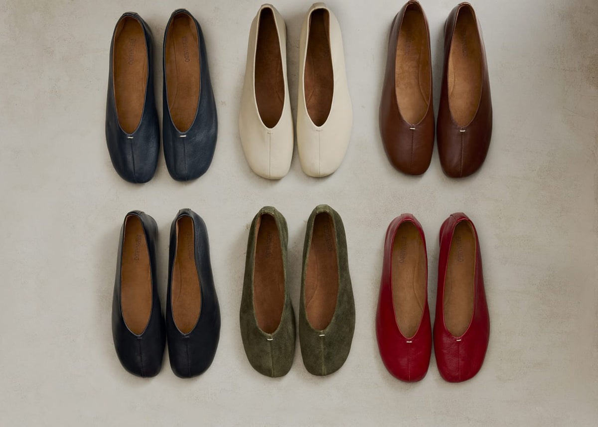Bernardo leather ballet flats in navy, cream, brown, black, olive suede and red.