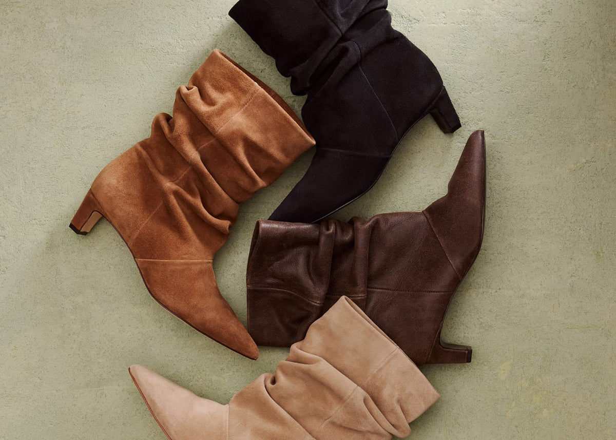Bernardo slouch boots with kitten heels in cognac suede, black suede, brown leather and taupe suede.