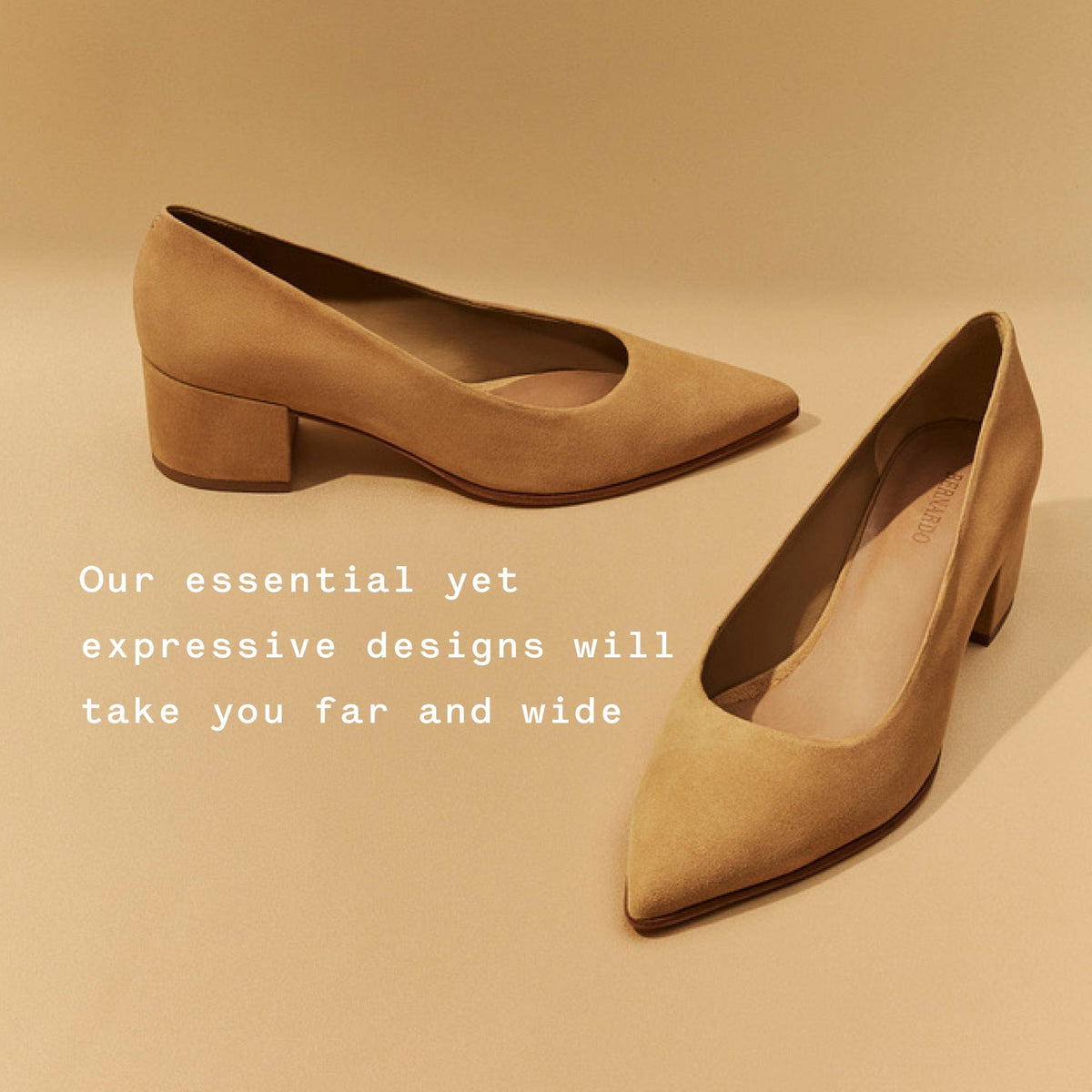 Pair of beige high-heeled shoes on a beige background with text.