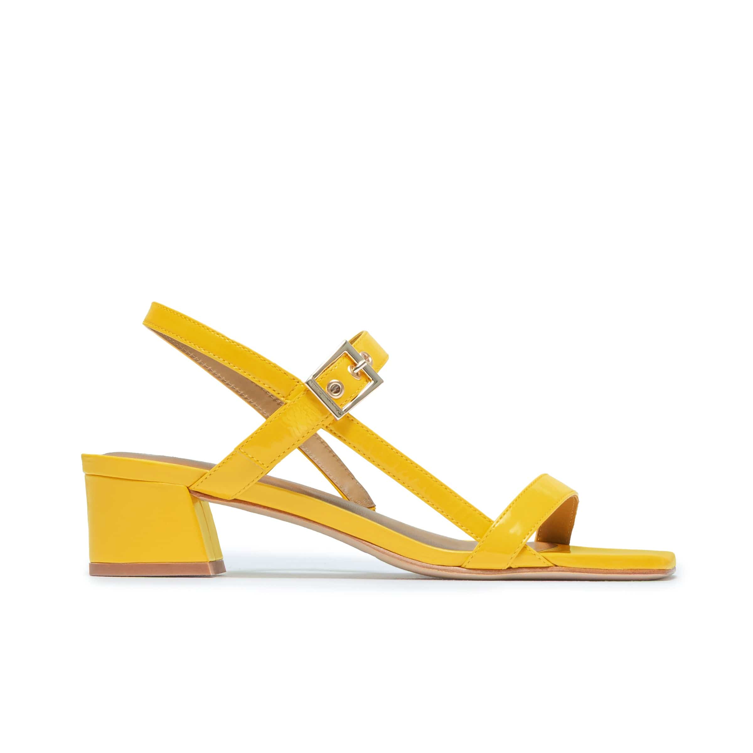 Jinji Low Heel Sandal in Sunrise Yellow Crinkle Gloss Leather