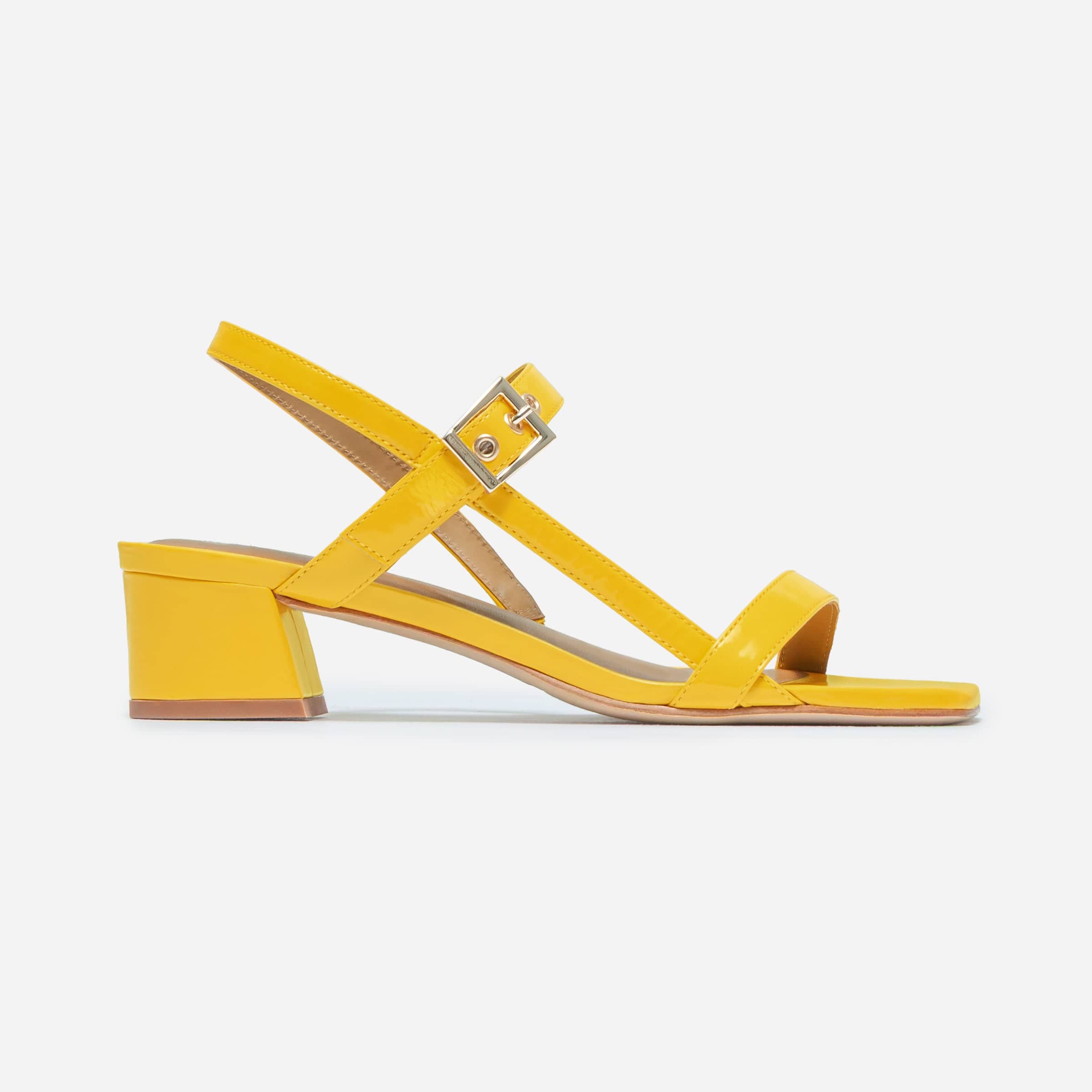 Jinji Low Heel Sandal in Sunrise Yellow Crinkle Gloss Leather