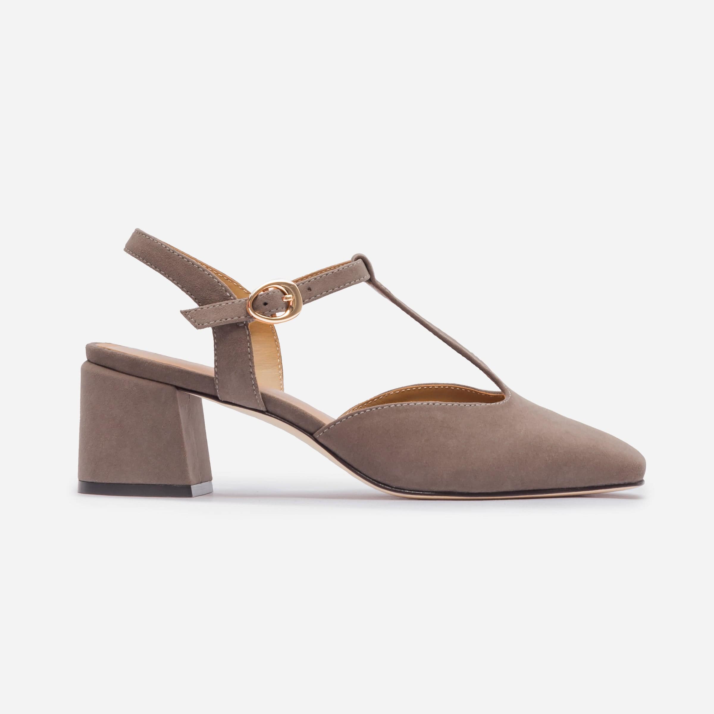Romi T-Strap Pump in Walnut Suede – Bernardo 1946
