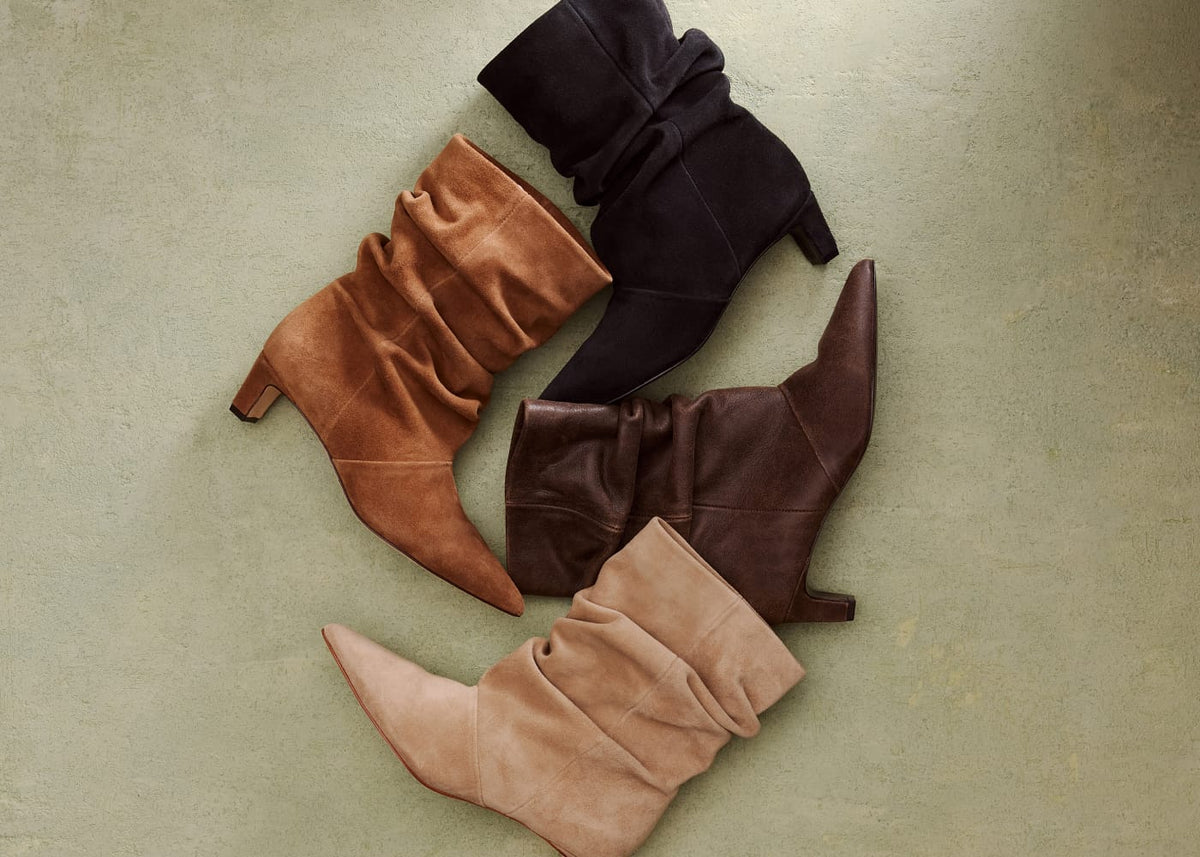 Etta Slouch Bootie in almond, black, dark chocolate and sandstone suede